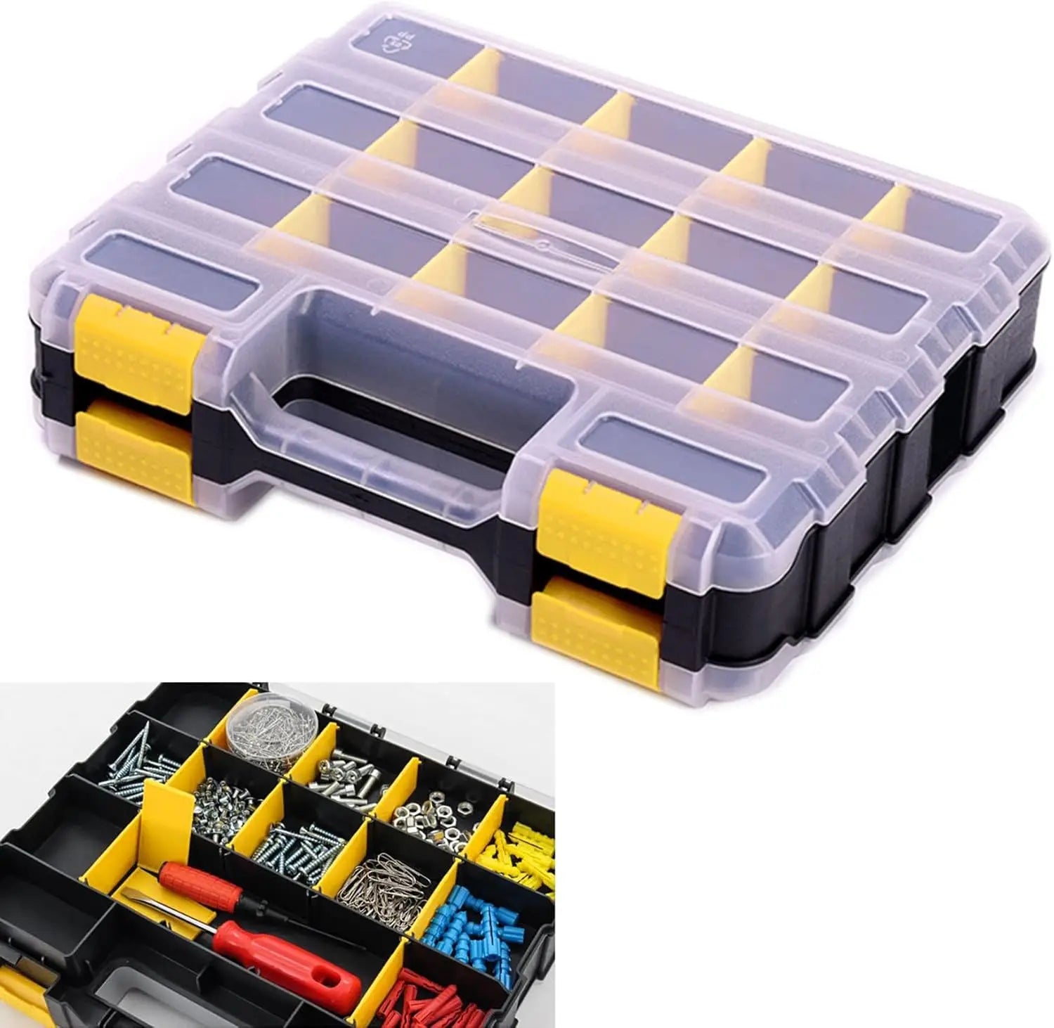 Tools Organizer Box Big Parts Storage Box 34-Compartment Double Side Hardware Organizers Plastic Dividers for Screws, Nuts, Na