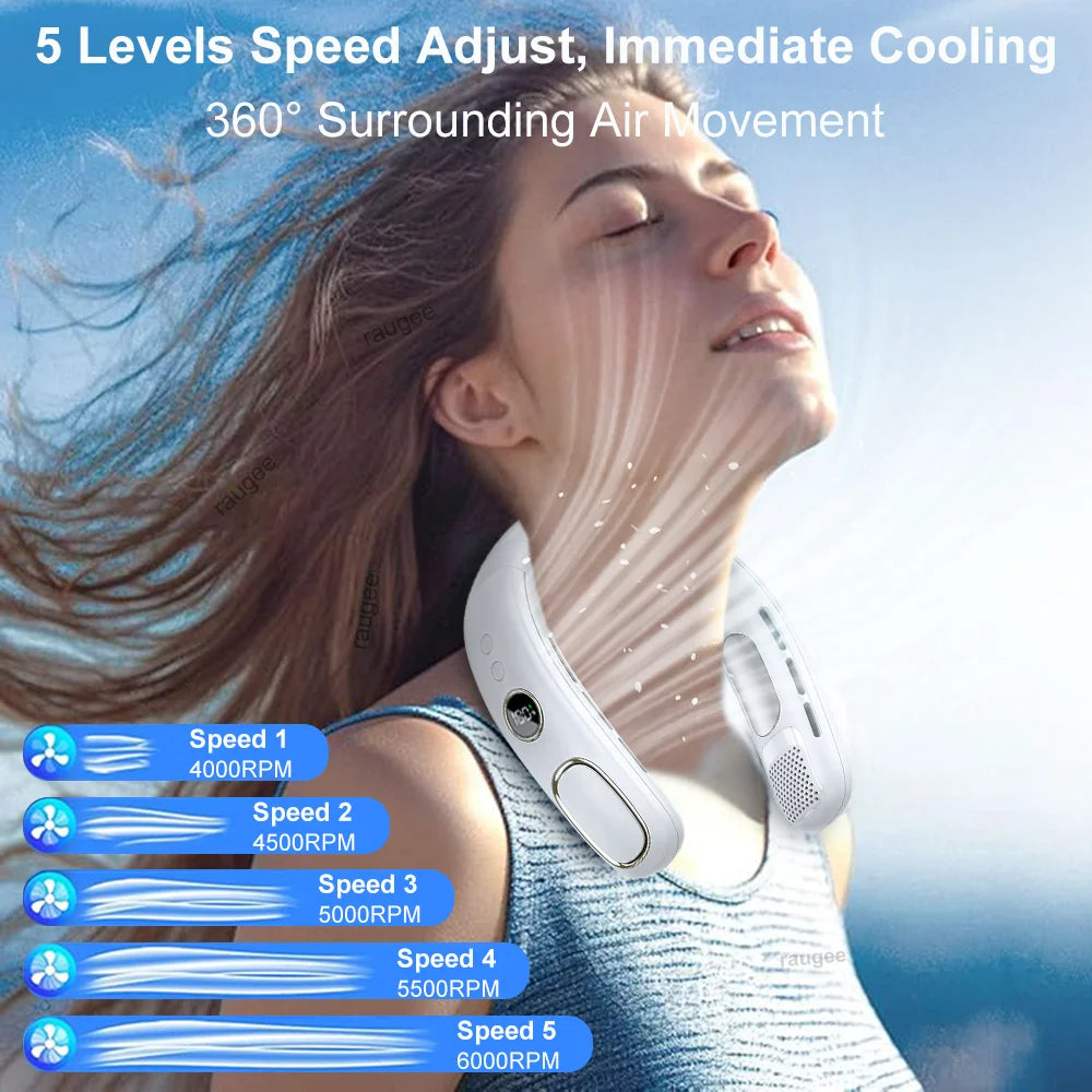 Portable Neck Fan Mini Neck Cooler Bladeless Hanging Neck Fan 4000mAh USB Rechargeable Ice Cooling fan with LED Digital Display