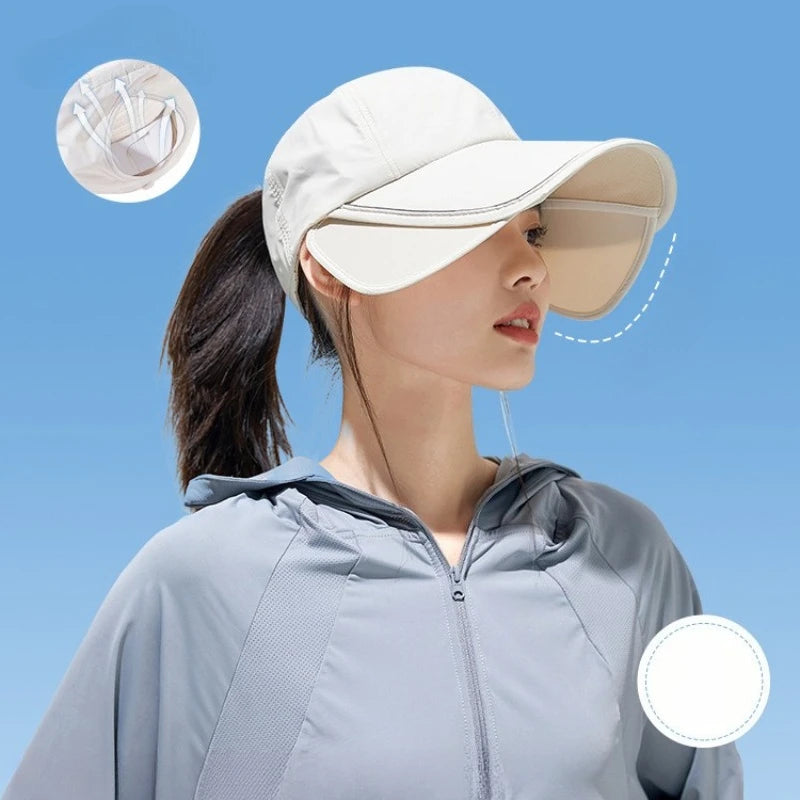Summer Sun Hat for Women, Enlarged and Widened Brim, Outdoor Sports, Empty Top Duckbill Hat, Tied Ponytail Sun Hat