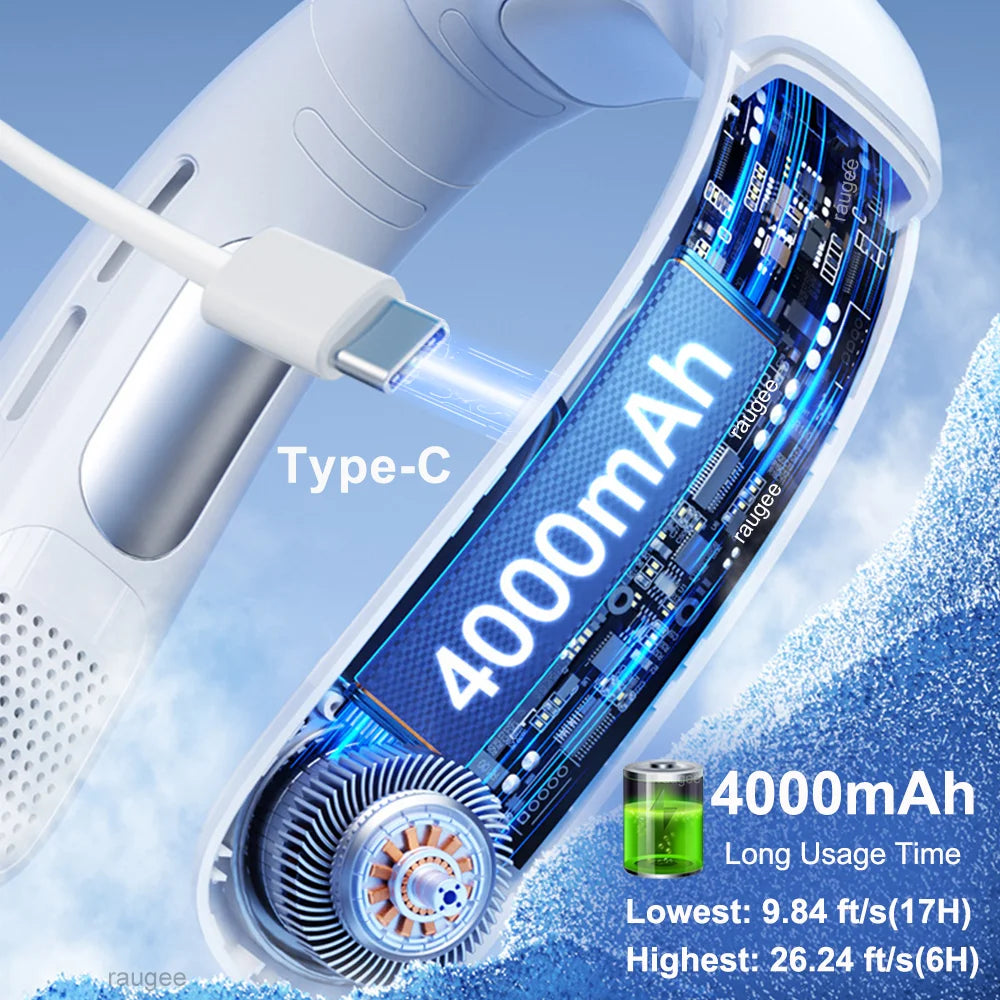 Portable Neck Fan Mini Neck Cooler Bladeless Hanging Neck Fan 4000mAh USB Rechargeable Ice Cooling fan with LED Digital Display