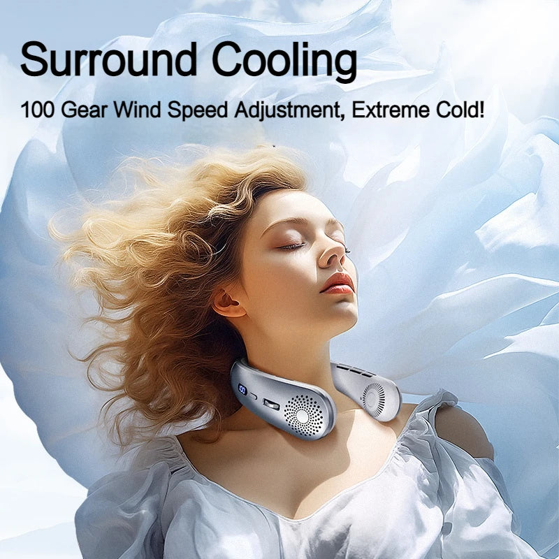 Portable Neck Fan, Upgraded 100 Speeds Personal Bladeless Fan Wearable with Neck Brace, 4000mAh Rechargeable Battery Operated,