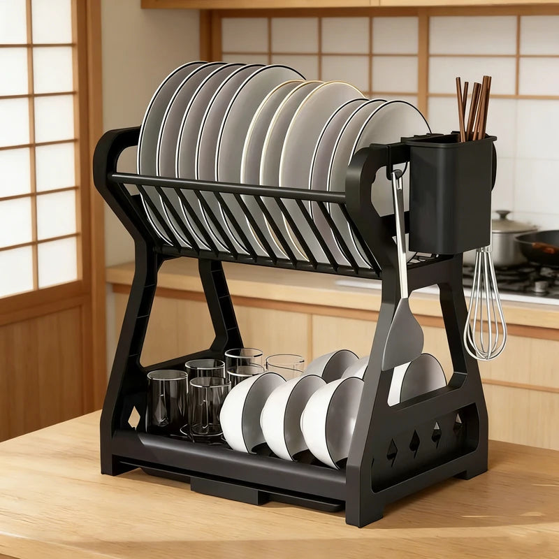 Kitchen Multifunctional Storage Rack, Bowl And Plate Organizer With Drainage Rack, Countertop Cutlery Storage Rack